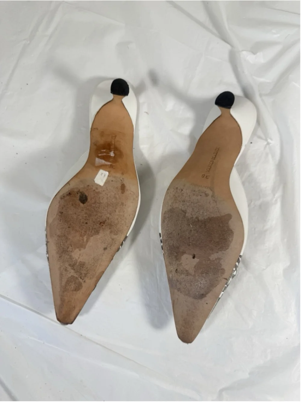 Manolo Blahnik Leather Mules White Graphic Print Crystals - Picture 6 of 14